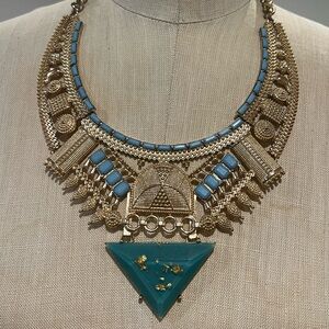 Steve Madden Statement Necklace Bold Gold and Turquoise Toned Summer Boho Cruise